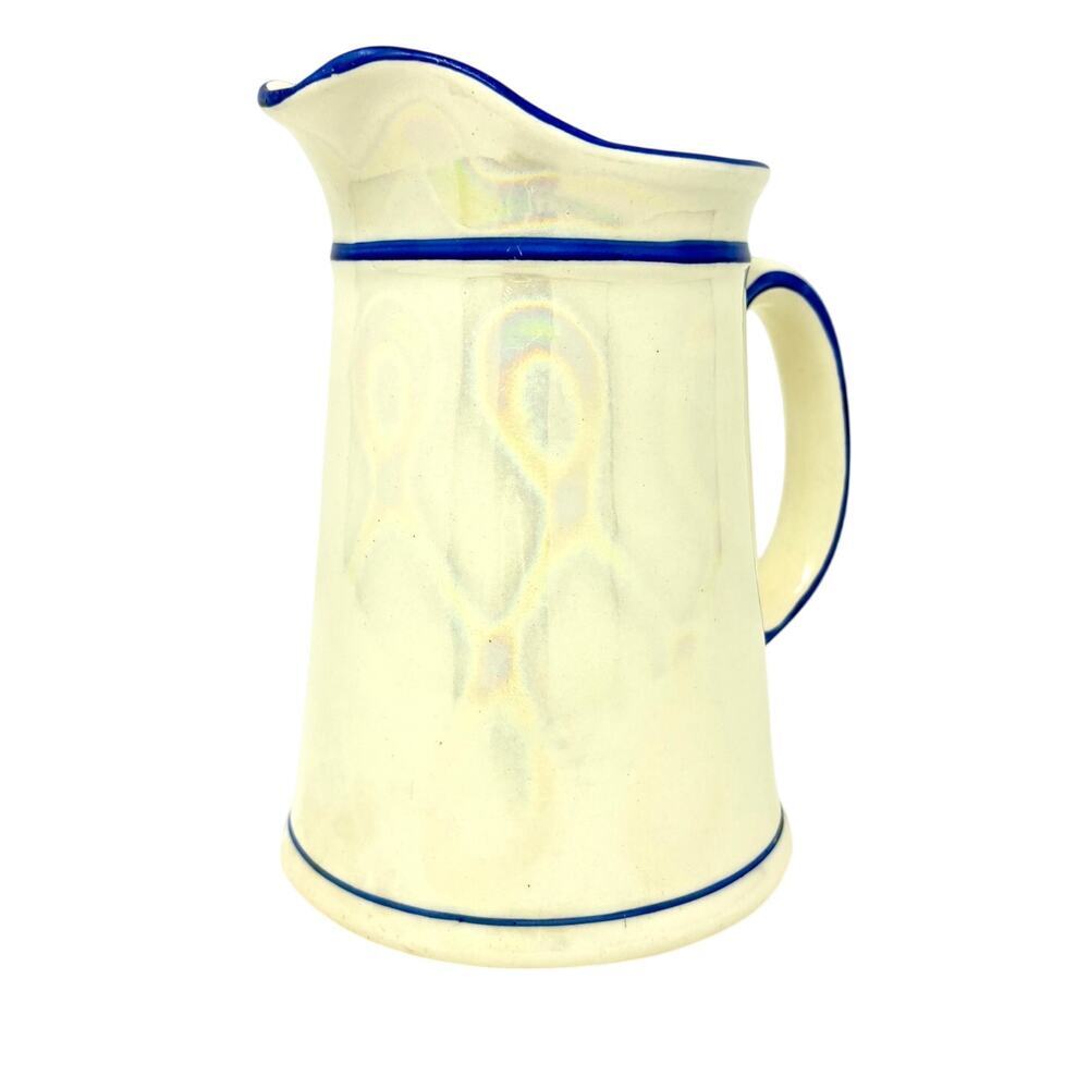 Vintage Lusterware Creamware 1946 Blue Rim and Handle Pitcher Jug Country Decor